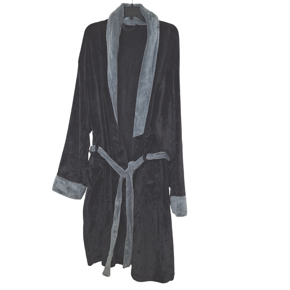 Pavilia Plush Fleece Robe Mens One Size Black Grey Shawl Collar Belted Pockets‎